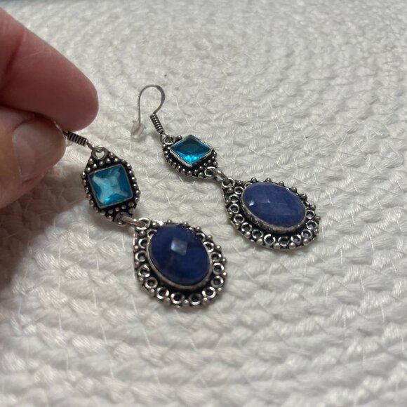 Gorgeous SIMULATED SAPPHIRE & BLUE TOPAZ Handmade Sterling 925 Earrings #418D - Picture 2 of 3